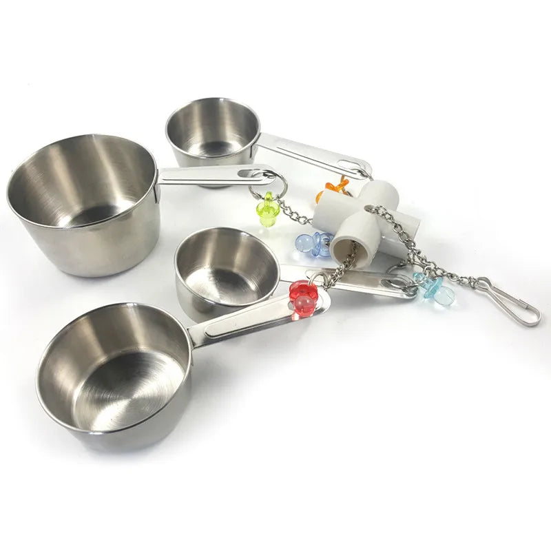 Pet Bird Parrot Toy – 4 Stainless Steel Pots with Acrylic String | Cage Chewing & Foraging Toy for Birds