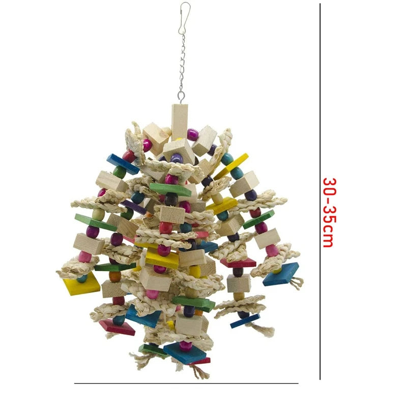 Large Parrot Chewing Toy – Bird Cage Bite Toy for African Grey, Macaws, Cockatoos | Colorful Wooden Blocks with Knots