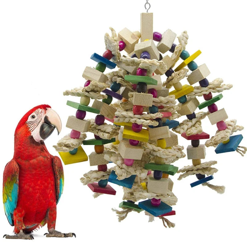 Large Parrot Chewing Toy – Bird Cage Bite Toy for African Grey, Macaws, Cockatoos | Colorful Wooden Blocks with Knots