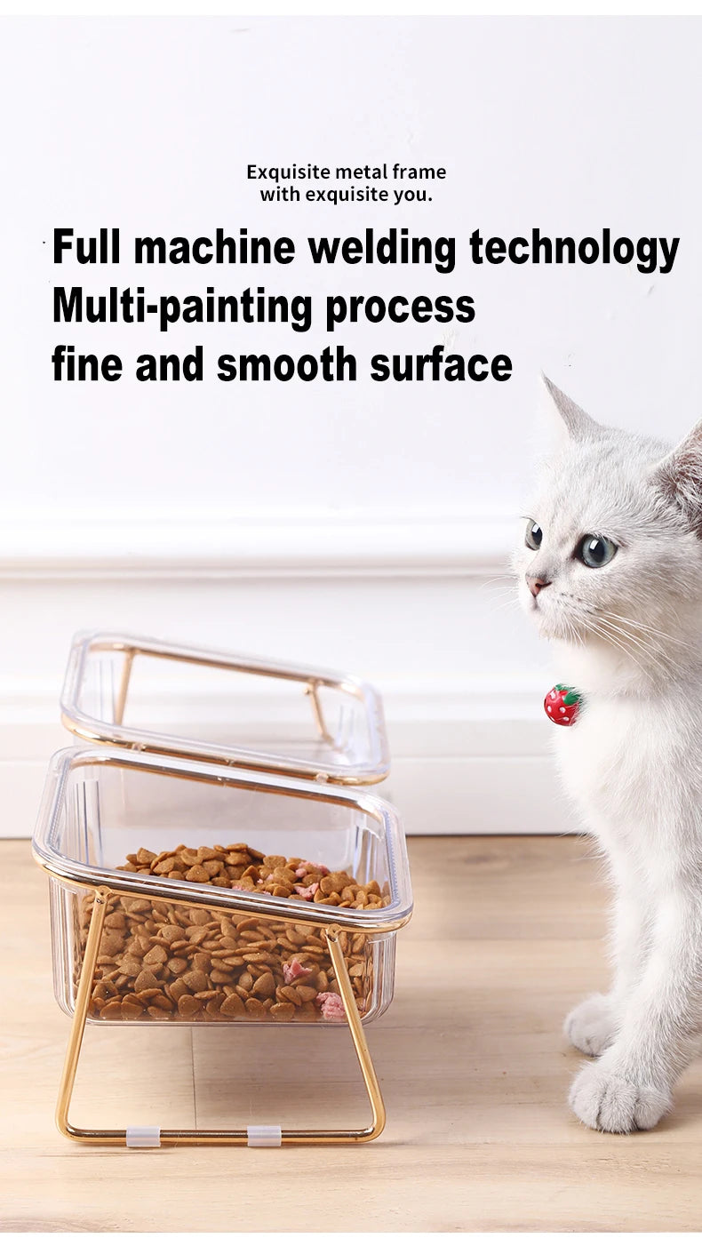 🐾 Pet Double Bowl with Raised Golden Stand – Transparent Cat & Dog Feeder