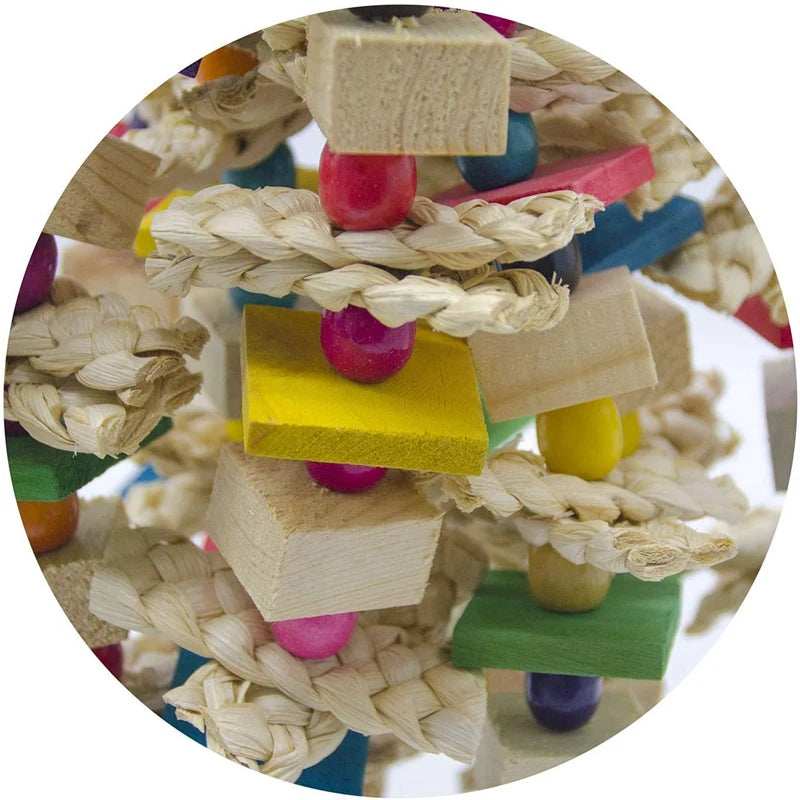 Large Parrot Chewing Toy – Bird Cage Bite Toy for African Grey, Macaws, Cockatoos | Colorful Wooden Blocks with Knots