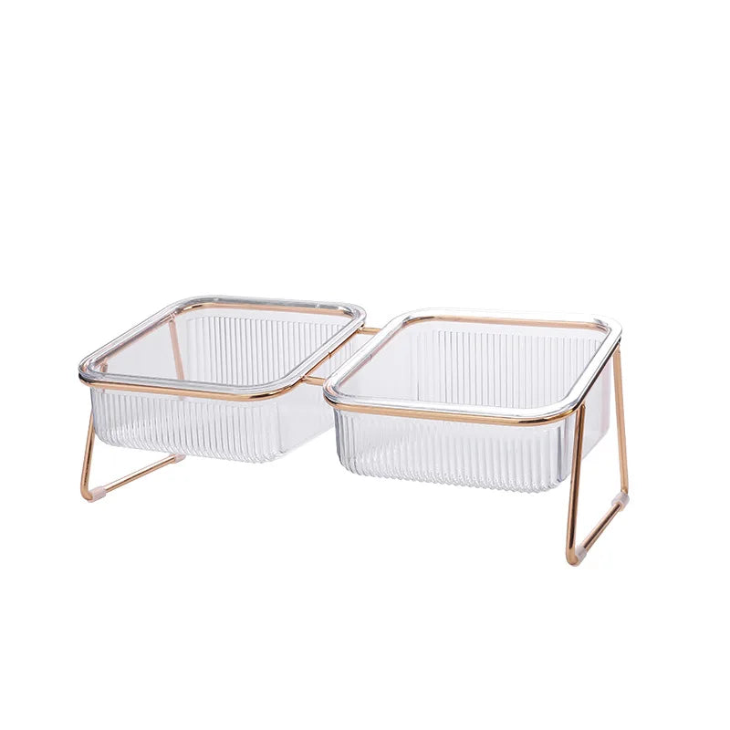 🐾 Pet Double Bowl with Raised Golden Stand – Transparent Cat & Dog Feeder