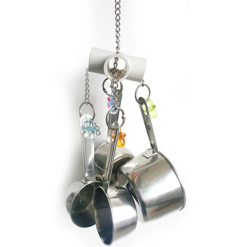 Pet Bird Parrot Toy – 4 Stainless Steel Pots with Acrylic String | Cage Chewing & Foraging Toy for Birds