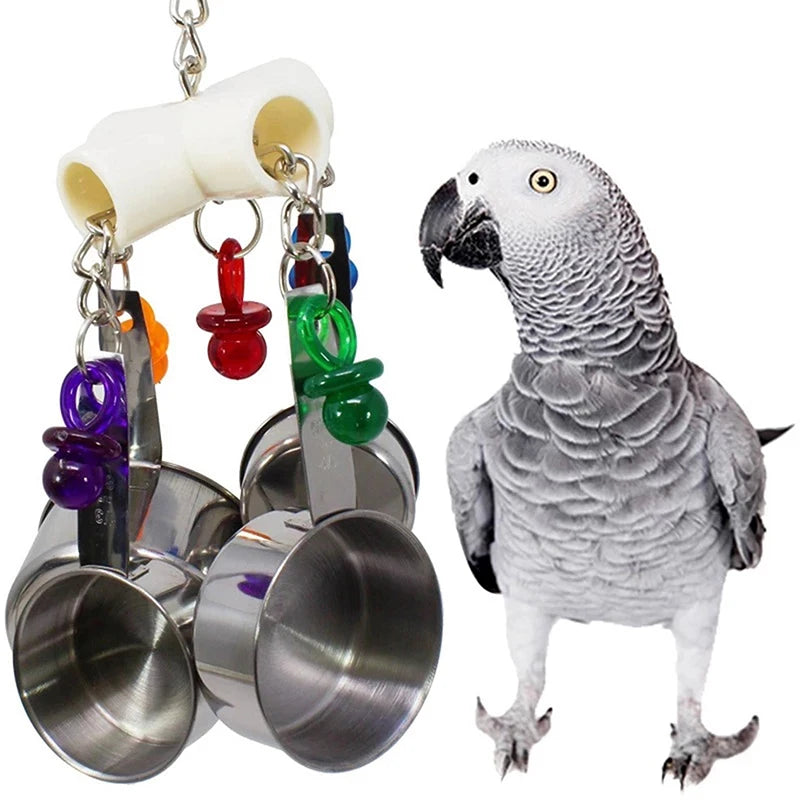 Pet Bird Parrot Toy – 4 Stainless Steel Pots with Acrylic String | Cage Chewing & Foraging Toy for Birds