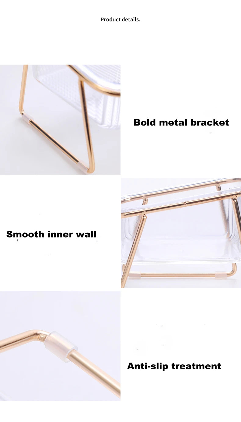 🐾 Pet Double Bowl with Raised Golden Stand – Transparent Cat & Dog Feeder