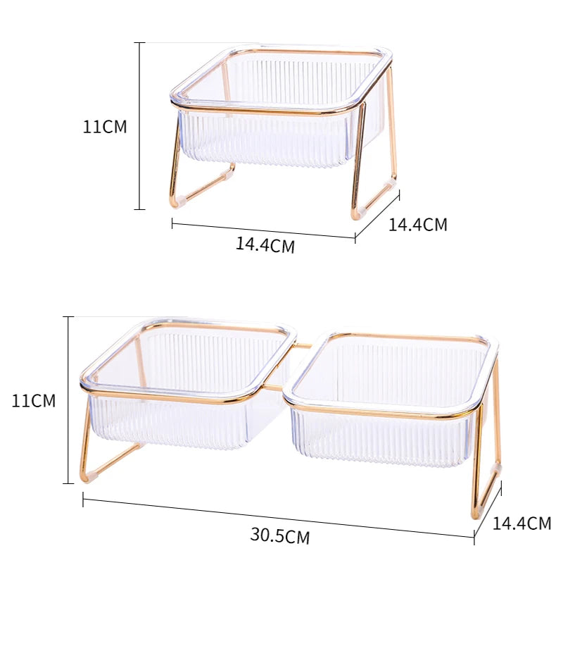 🐾 Pet Double Bowl with Raised Golden Stand – Transparent Cat & Dog Feeder