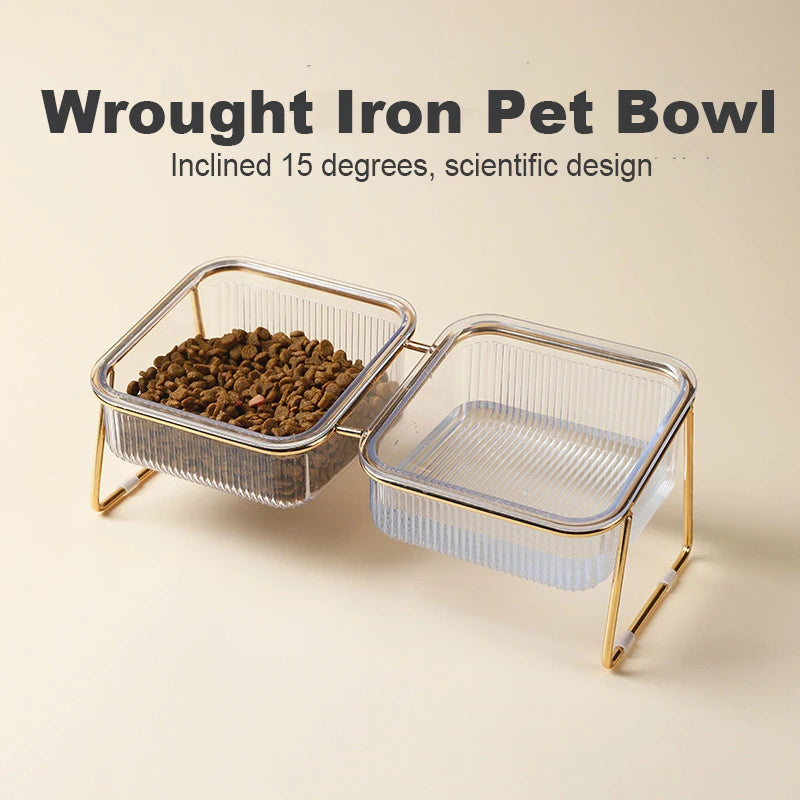 🐾 Pet Double Bowl with Raised Golden Stand – Transparent Cat & Dog Feeder