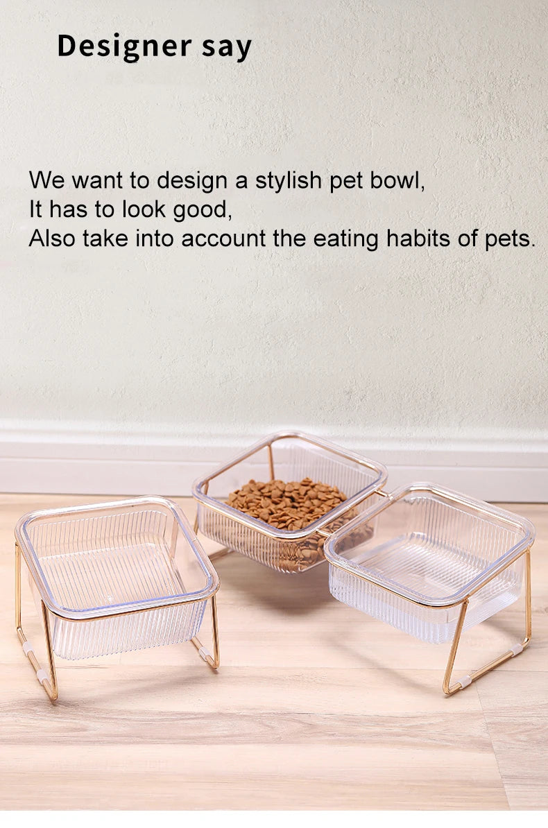 🐾 Pet Double Bowl with Raised Golden Stand – Transparent Cat & Dog Feeder
