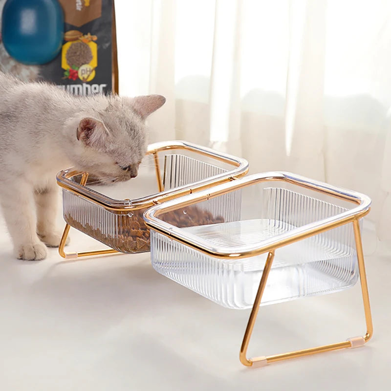 🐾 Pet Double Bowl with Raised Golden Stand – Transparent Cat & Dog Feeder