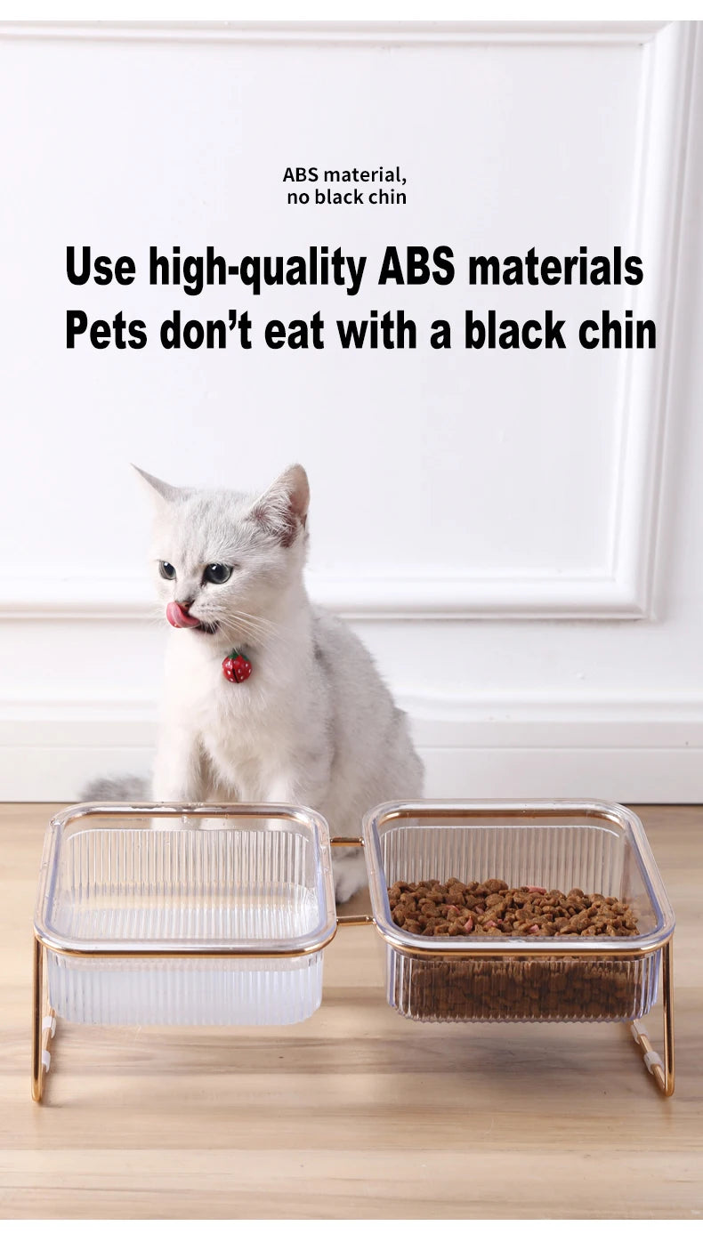 🐾 Pet Double Bowl with Raised Golden Stand – Transparent Cat & Dog Feeder