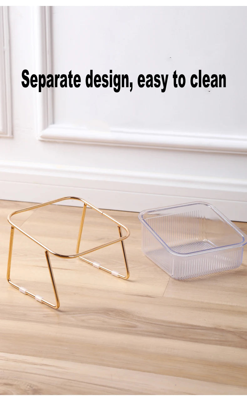 🐾 Pet Double Bowl with Raised Golden Stand – Transparent Cat & Dog Feeder