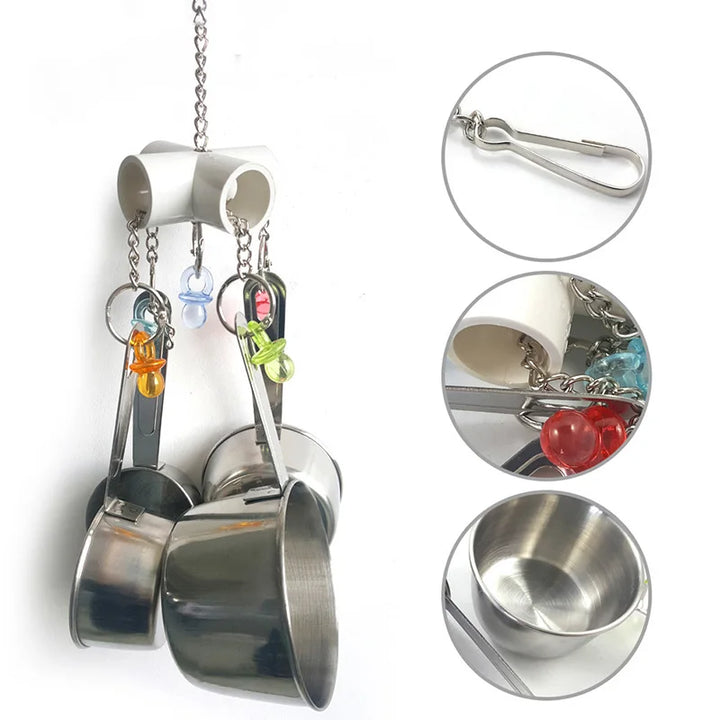 Pet Bird Parrot Toy – 4 Stainless Steel Pots with Acrylic String | Cage Chewing & Foraging Toy for Birds