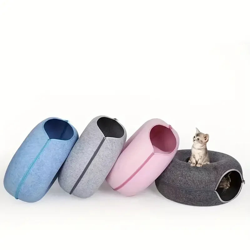Felt Tunnel Cat Nest with Window – Round Donut Cat Bed, Detachable & Washable All-Season Pet Nest