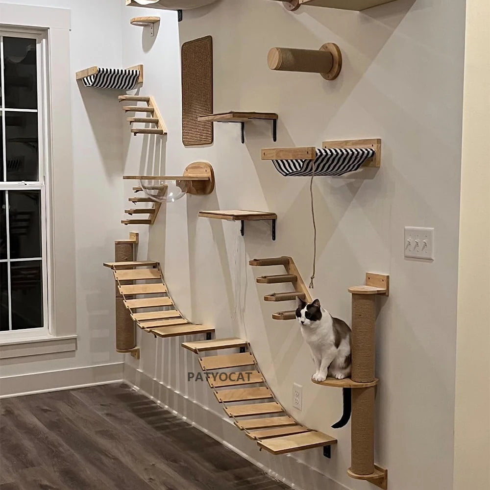 Cat Tree Wall Mounted Climbing Shelves – Wooden Hammock, Ladder & Bridge Indoor Cat Playground 🐾