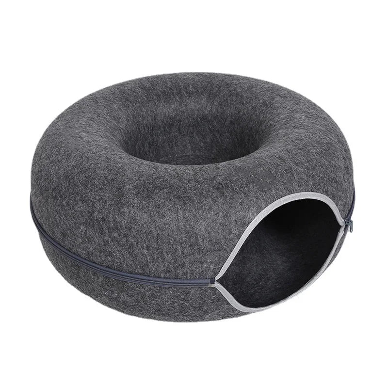 Donut Cat Bed Tunnel for 2 Cats – Interactive Felt Cat Nest & Play House with Toys