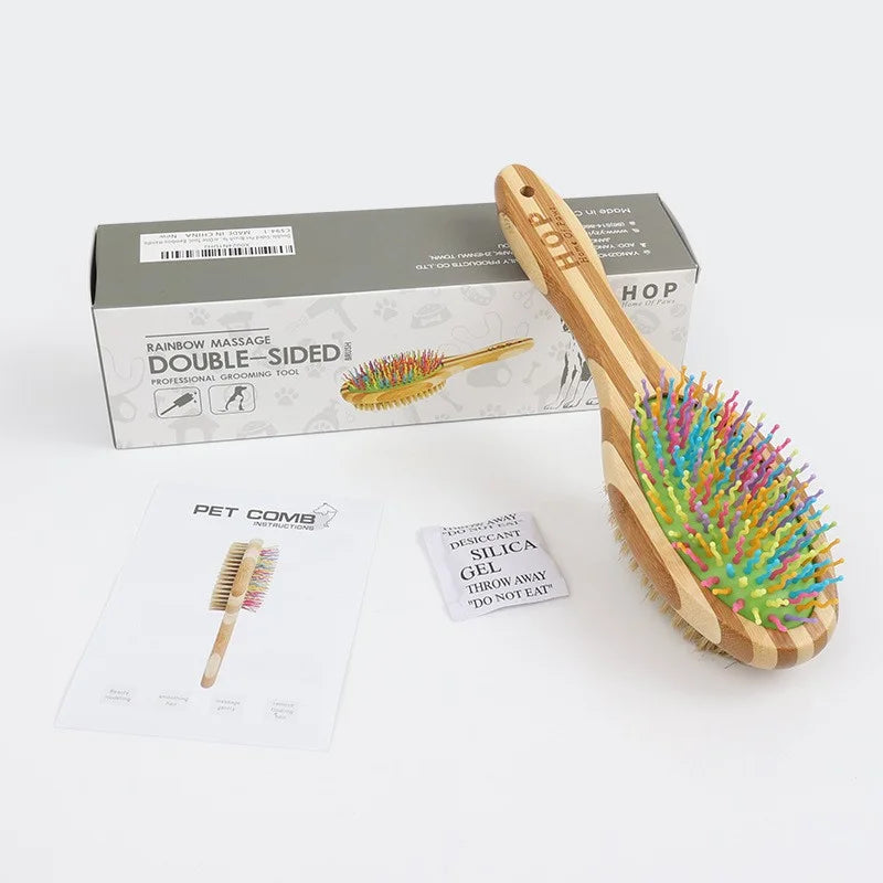 Bamboo Double-Sided Dog Brush – Pet Grooming & Massage Comb for Dogs and Cats | Eco-Friendly Soft Bristle & Pin Brush
