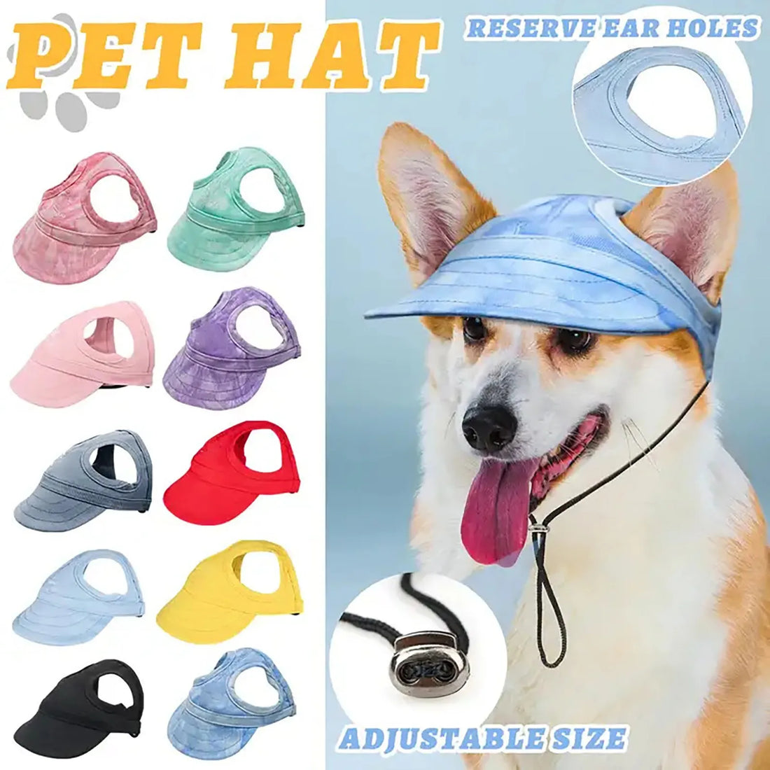Small Dog Summer Baseball Cap – Oxford Fabric Puppy Visor Hat with Ear Holes, Adjustable Sun Protection Cap for Outdoor Use