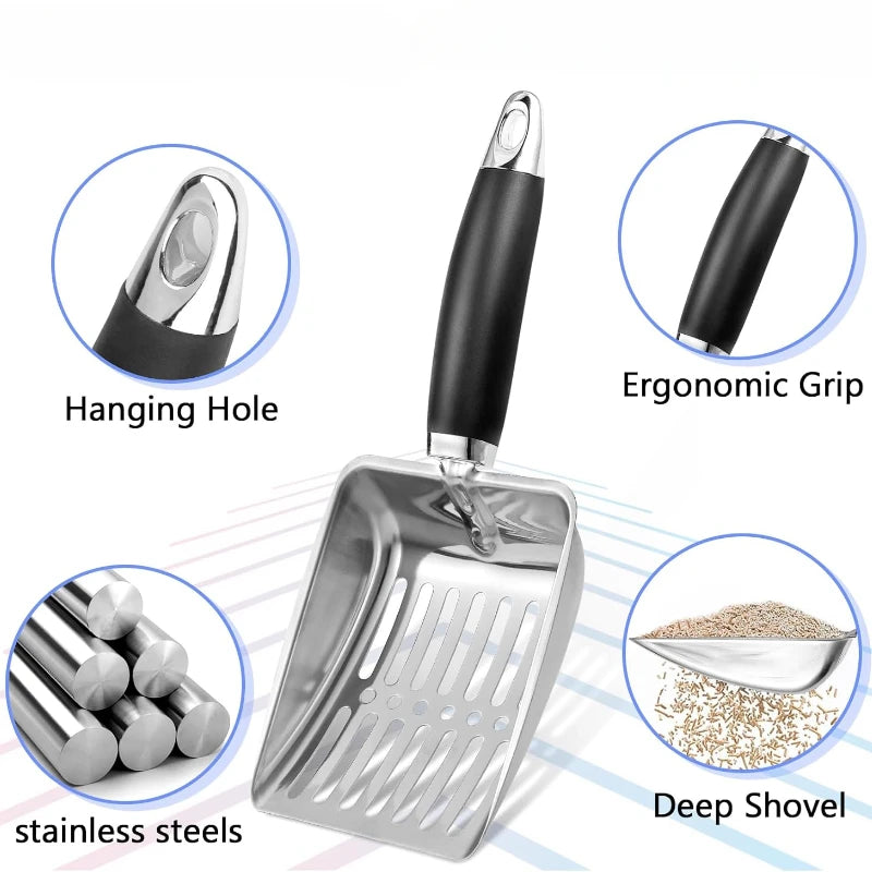 Stainless Steel Cat Litter Scoop with Rubber Handle – Durable Metal Kitty Scooper with Sturdy Mesh Filter for Easy Litter Cleaning