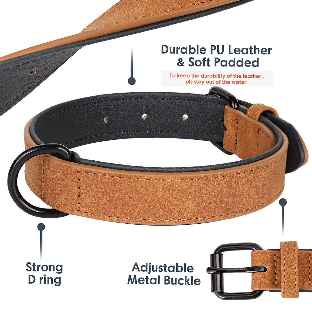 Soft Padded Leather Dog Collar – Durable Pet Necklace for Large Dogs