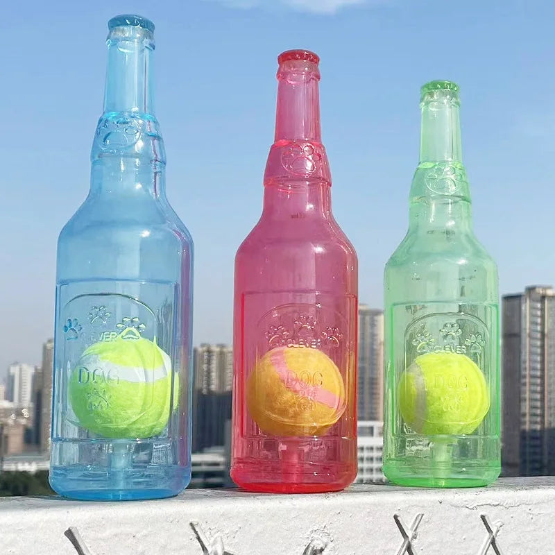 Dog Chew Toy – Bite-Resistant Beer Bottle with Tennis Ball | Squeaky Interactive Puppy Teeth Grinding Toy