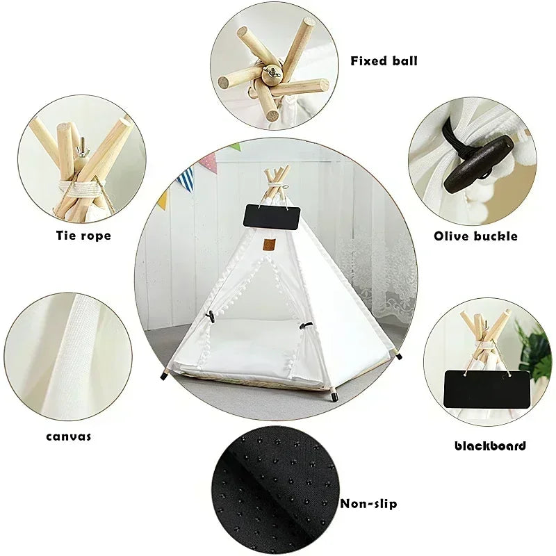 Pet Teepee Tent with Cushion – Washable Portable Indoor Dog & Cat House with Blackboard