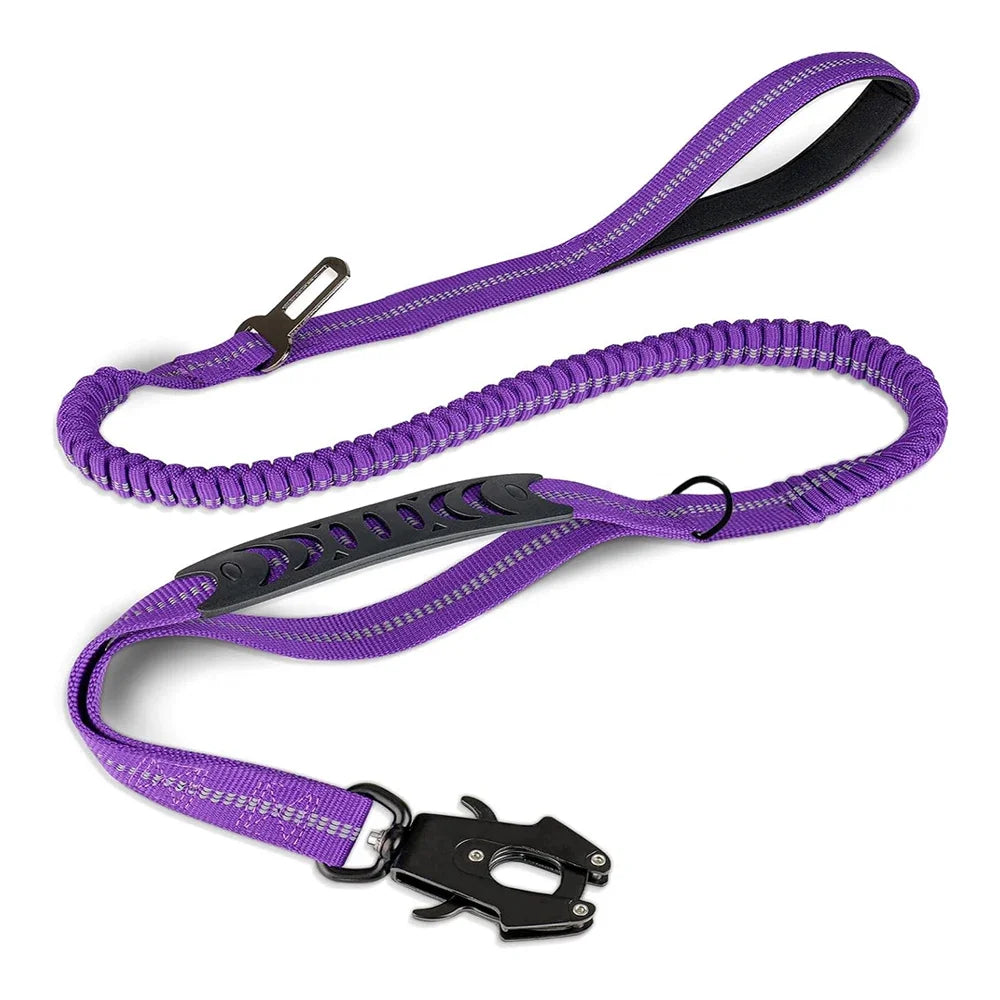 Reflective Tactical Bungee Dog Leash with Car Seatbelt – Shock-Absorbing, No-Pull Lead
