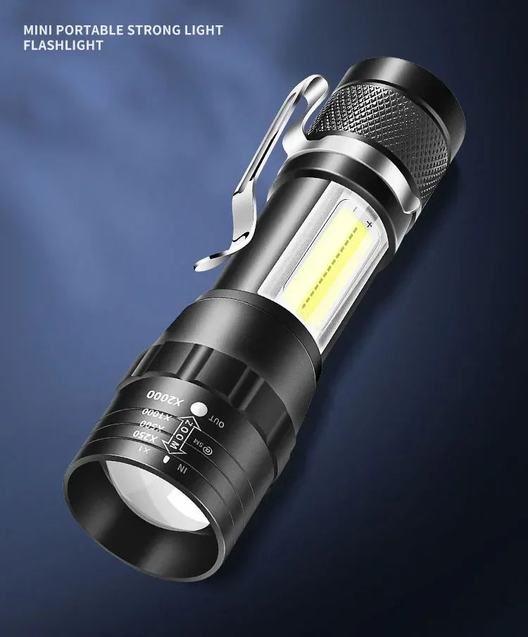 🔦 USB Rechargeable Mini Flashlight – COB+XPE Zoomable Torch with 3 Modes