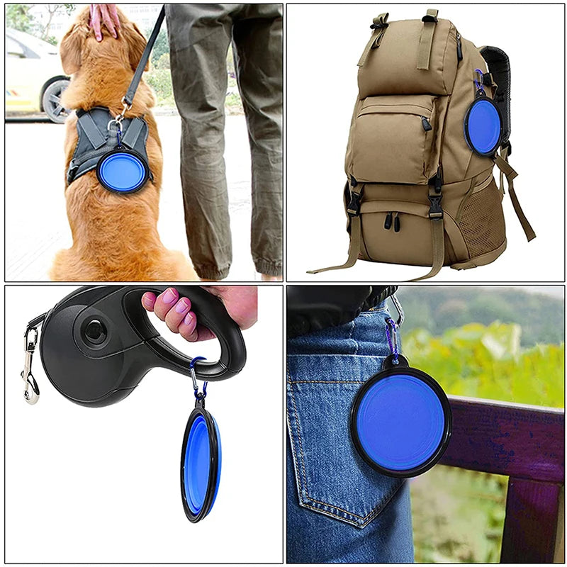 🐶 Folding Portable Silicone Dog Feeder Bowl – 2-in-1 Food & Water Dispenser with Carabiner