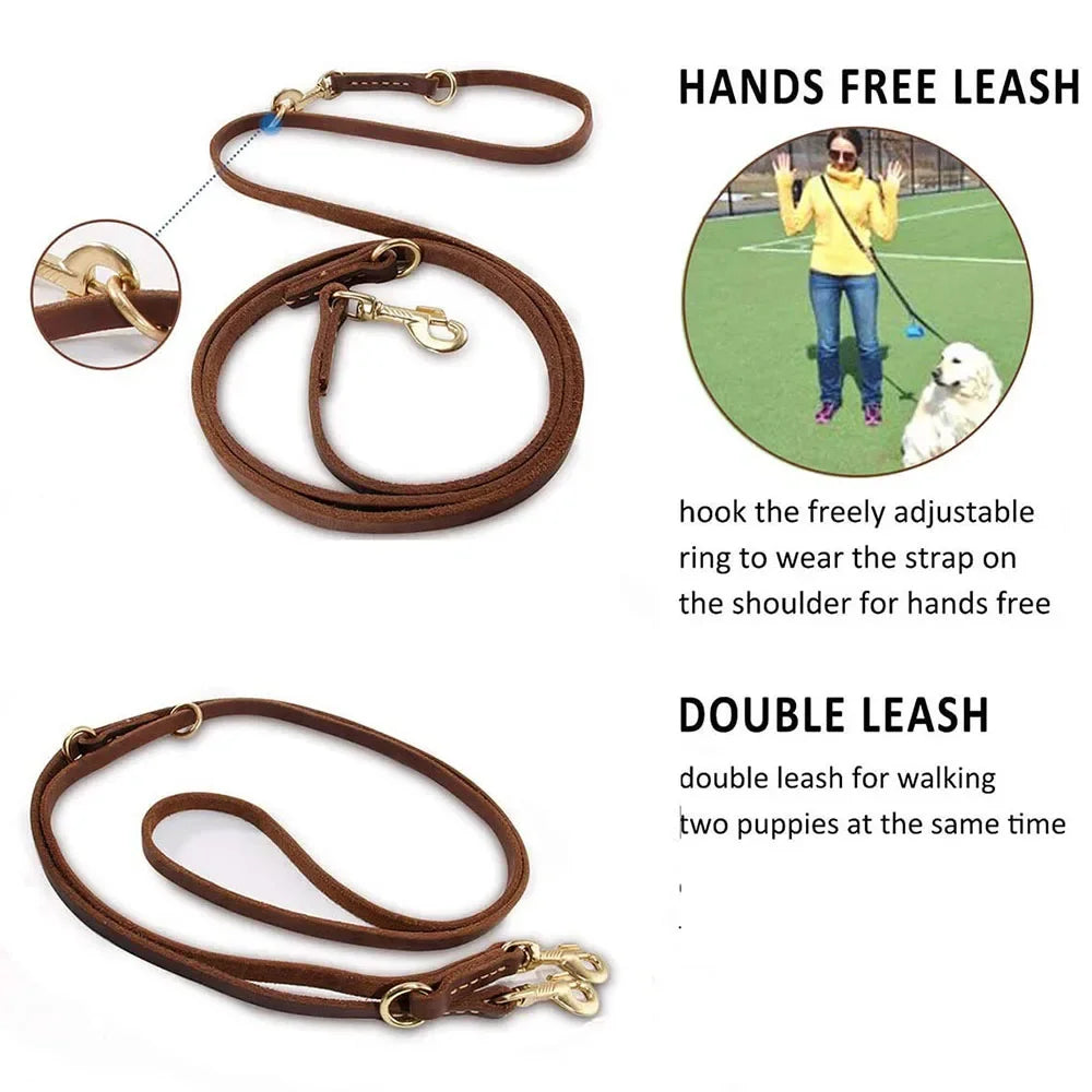 Real Leather Multifunctional Dog Leash – Hands-Free, Tie-Out Cable, Double Dog Walking & Running Lead
