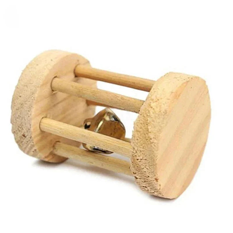 Wooden Rabbit Roller Toy – Natural Chew Dumbbell with Bell for Small Pets
