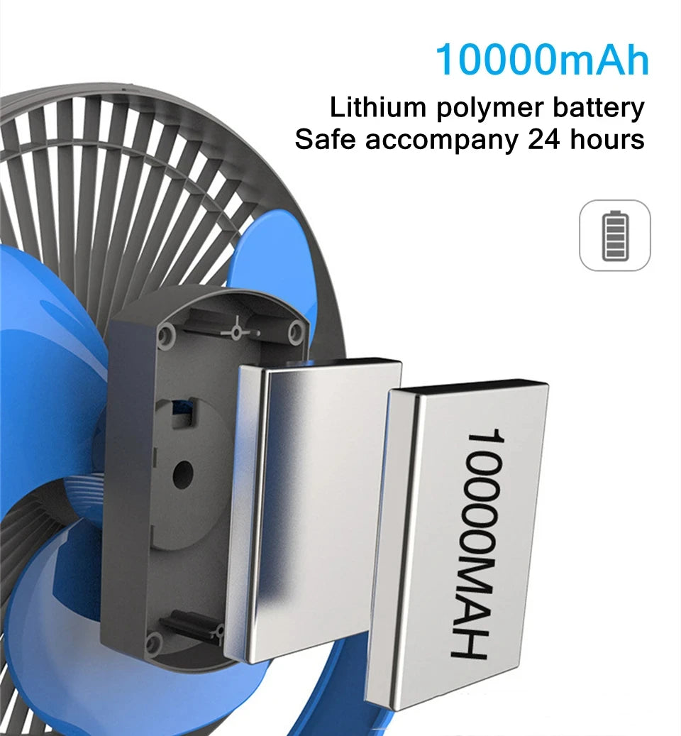 USB Charging Table & Clip Fan – 10,000mAh Battery, 4-Speed Portable Wireless Electric Ceiling Fan for Home, Travel, Outdoor Use