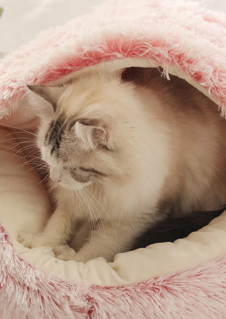 Autumn & Winter Plush Pet Bed – Semi-Enclosed Shell Cat Nest for Cozy Warmth