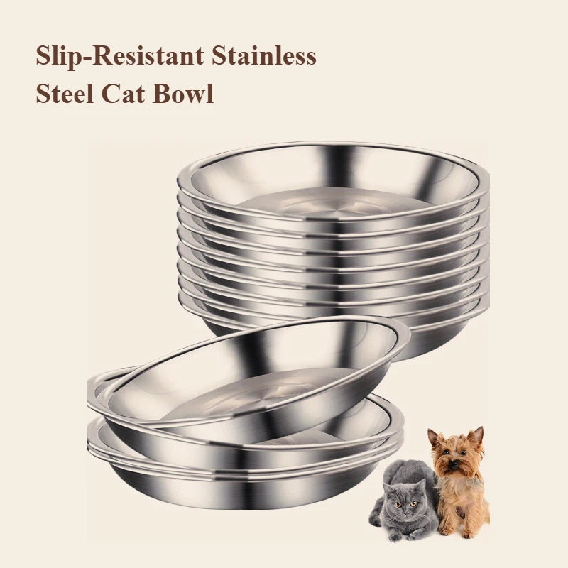 Slip-Resistant Stainless Steel Cat Bowl Set – Low-Profile Wide Design with Anti-Tip Base for Kittens & Small Pets
