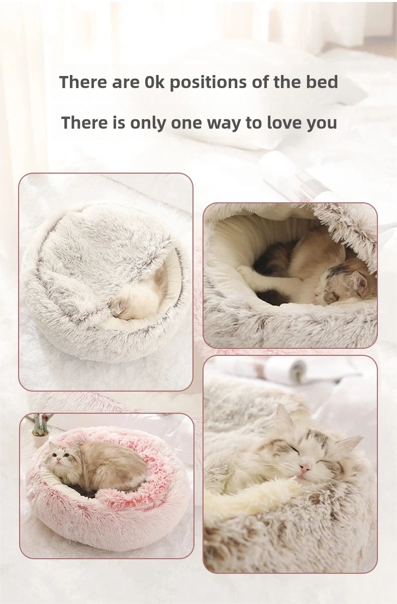 Autumn & Winter Plush Pet Bed – Semi-Enclosed Shell Cat Nest for Cozy Warmth