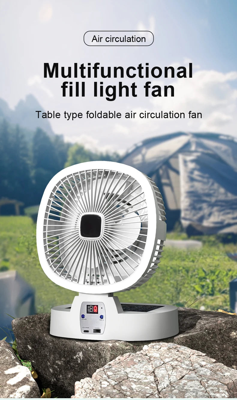 Outdoor Solar Camping Fan – 5 Speeds, LED Light, USB Rechargeable & Power Bank Function, Quiet Portable Electric Fan