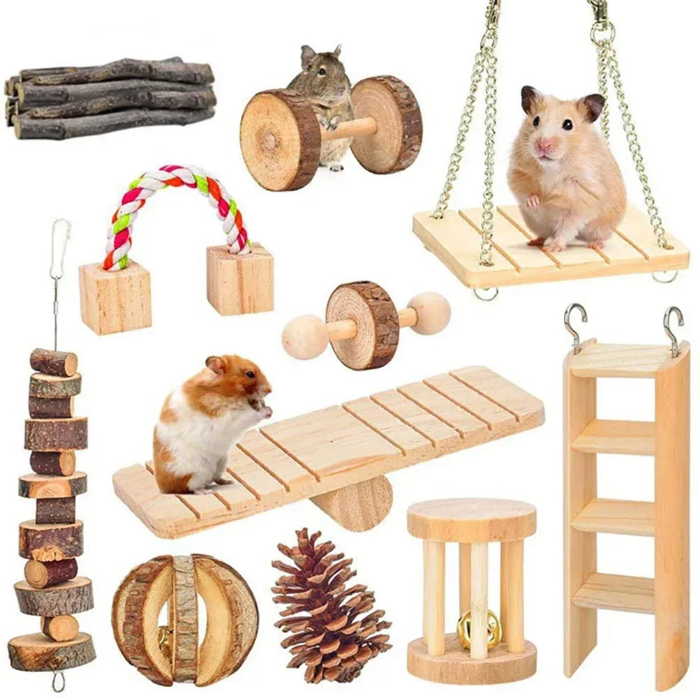 Wooden Rabbit Roller Toy – Natural Chew Dumbbell with Bell for Small Pets