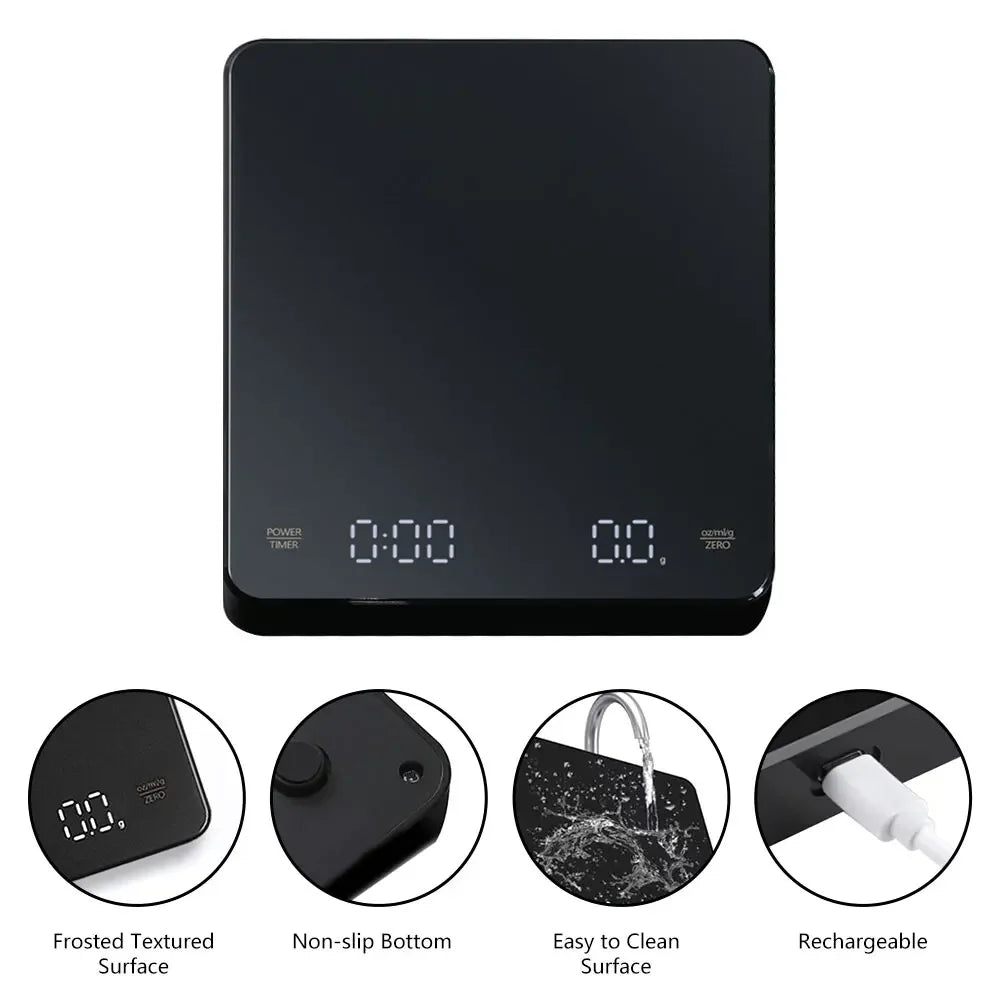 ☕ Digital Rechargeable Coffee Scale with Timer – LED Screen, USB Charging, 3kg Max, 0.1g Precision