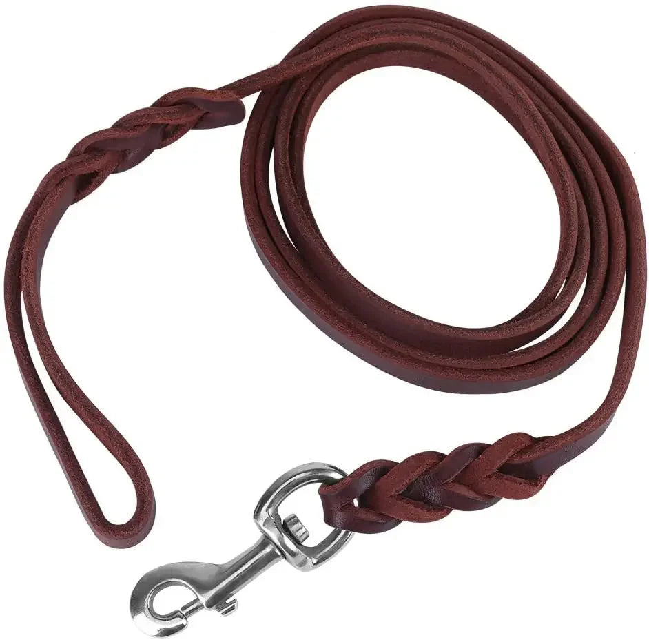 Genuine Leather Dog Leash – Braided Long Pet Walking & Training Lead for Medium & Large Dogs (Brown/Black)