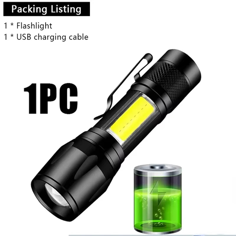 🔦 USB Rechargeable Mini Flashlight – COB+XPE Zoomable Torch with 3 Modes