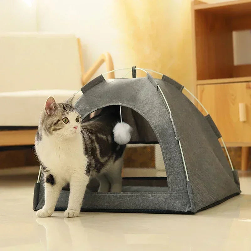 Pet Tent Bed – Removable Canvas Cat Sofa, Semi-Enclosed Cat House & Dog Cave Hut