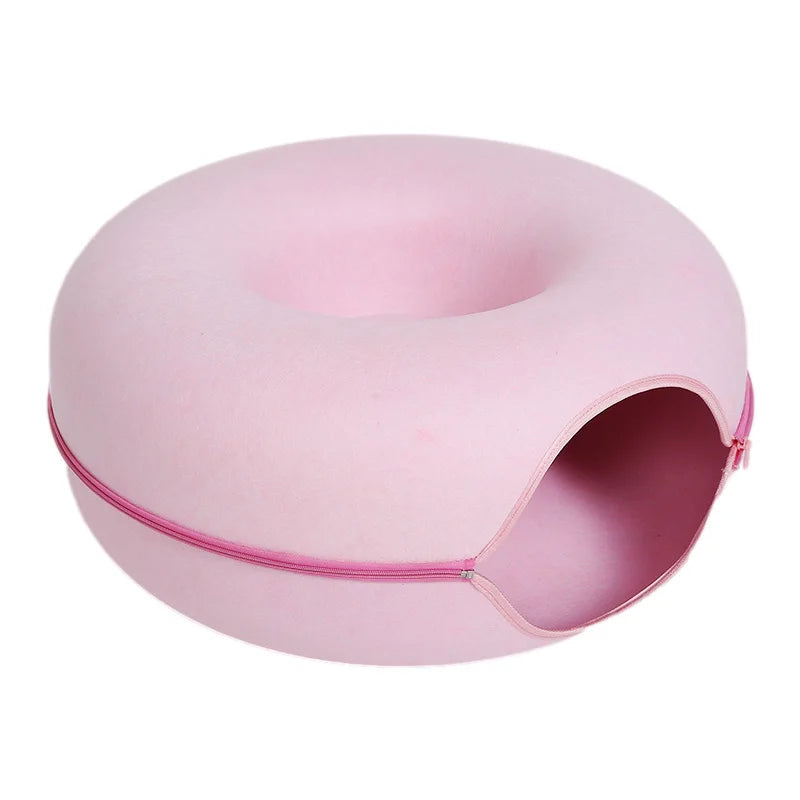 Donut Cat Bed Tunnel for 2 Cats – Interactive Felt Cat Nest & Play House with Toys