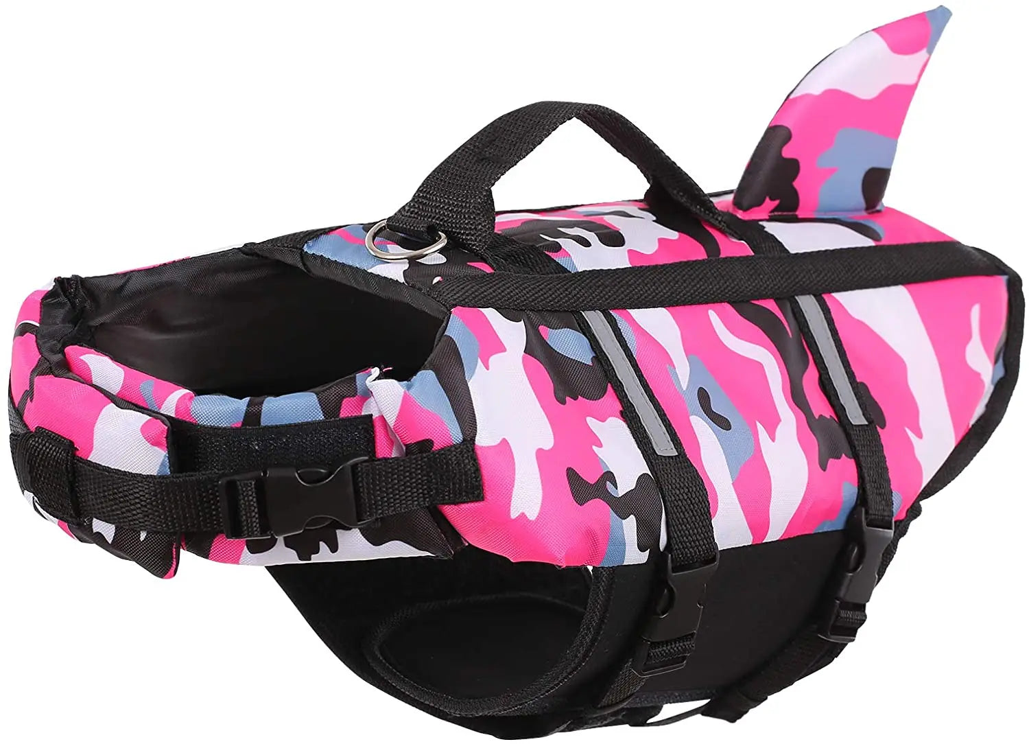 🦈 Camouflage Dog Life Jacket – Shark Style Safety Vest for Swimming (Blue, Fuchsia)