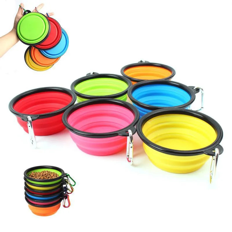 🐶 Folding Portable Silicone Dog Feeder Bowl – 2-in-1 Food & Water Dispenser with Carabiner