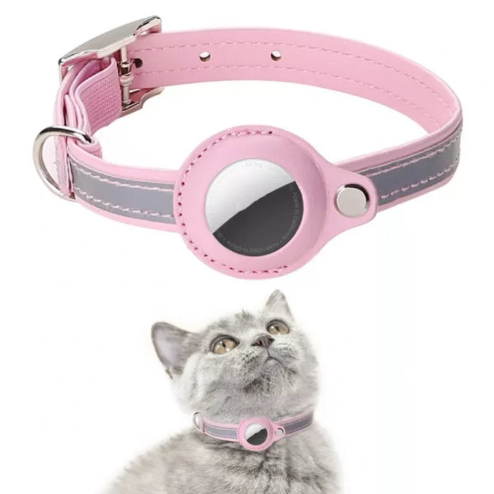 Leather Airtag Pet Collar – Adjustable Reflective Dog & Cat Collar with Airtag Case – Anti-Lost GPS Tracker Holder
