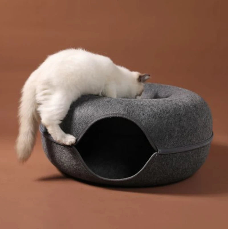 Donut Cat Bed Tunnel for 2 Cats – Interactive Felt Cat Nest & Play House with Toys