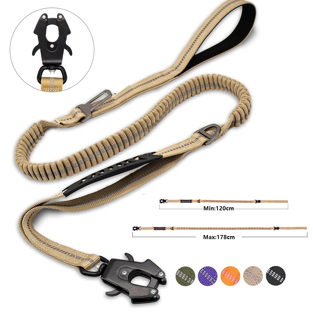 Reflective Tactical Bungee Dog Leash with Car Seatbelt – Shock-Absorbing, No-Pull Lead