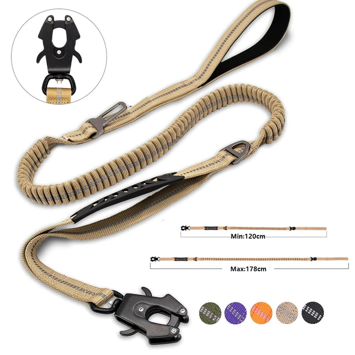 Reflective Tactical Bungee Dog Leash with Car Seatbelt – Shock-Absorbing, No-Pull Lead