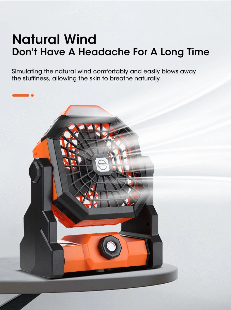 2024 Rechargeable Camping Fan with LED Light – 7800mAh Battery, Hook & Desk Mount for Tent, Car, or Outdoor Trips
