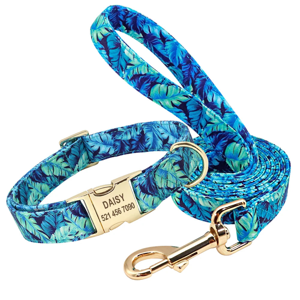 Personalized Floral Dog Collar & Leash Set – Custom Engraved Pet ID