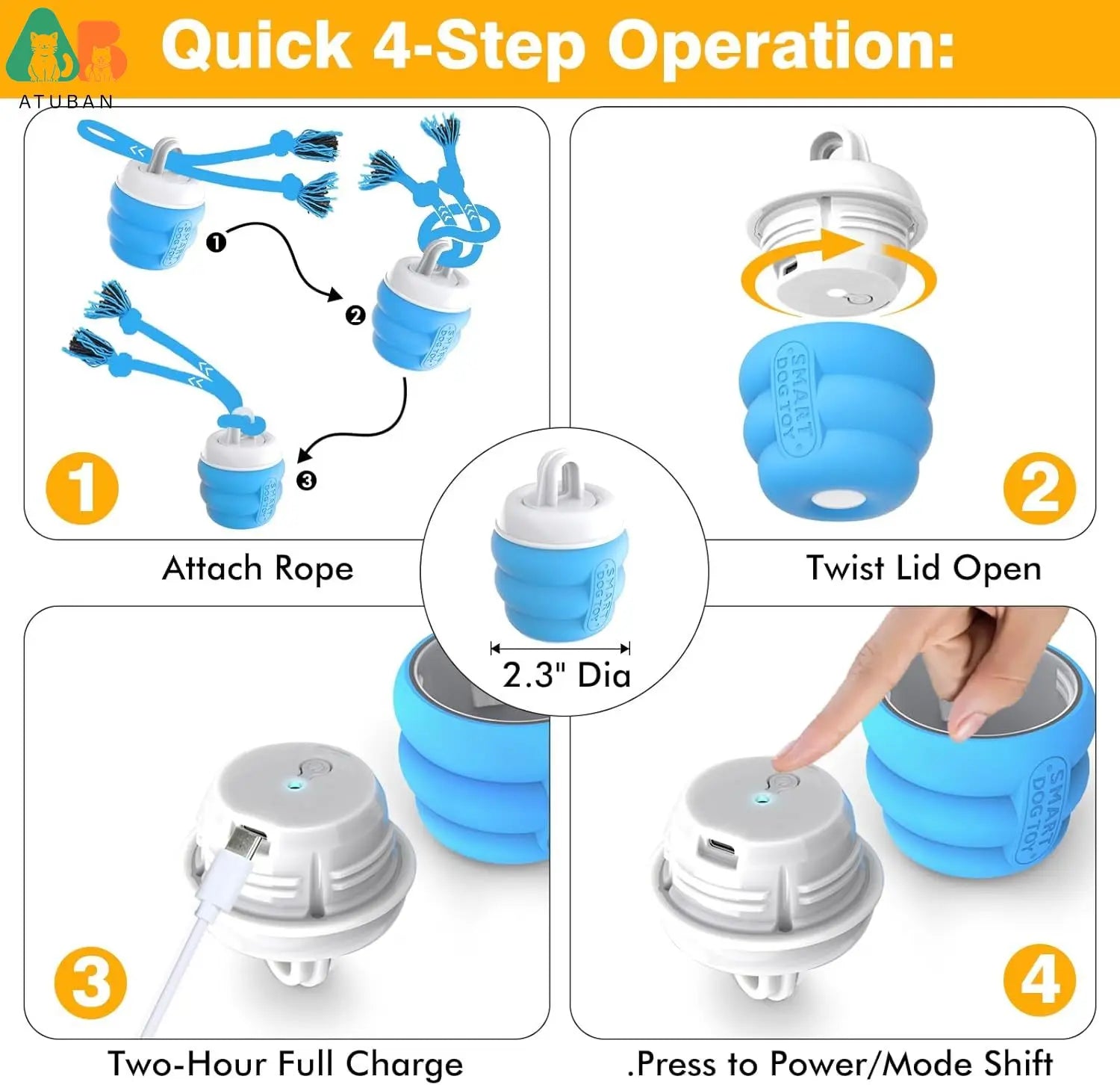 ATUBAN Smart Dog Ball – Rechargeable Automatic Interactive Toy ⚡🐾